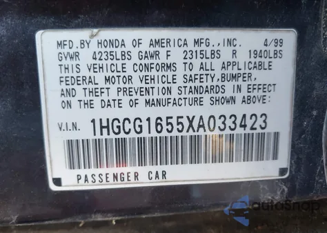 1999 Honda Accord Ex V6 z USA, uszkodzony, nr VIN 1HGCG1655XA033423